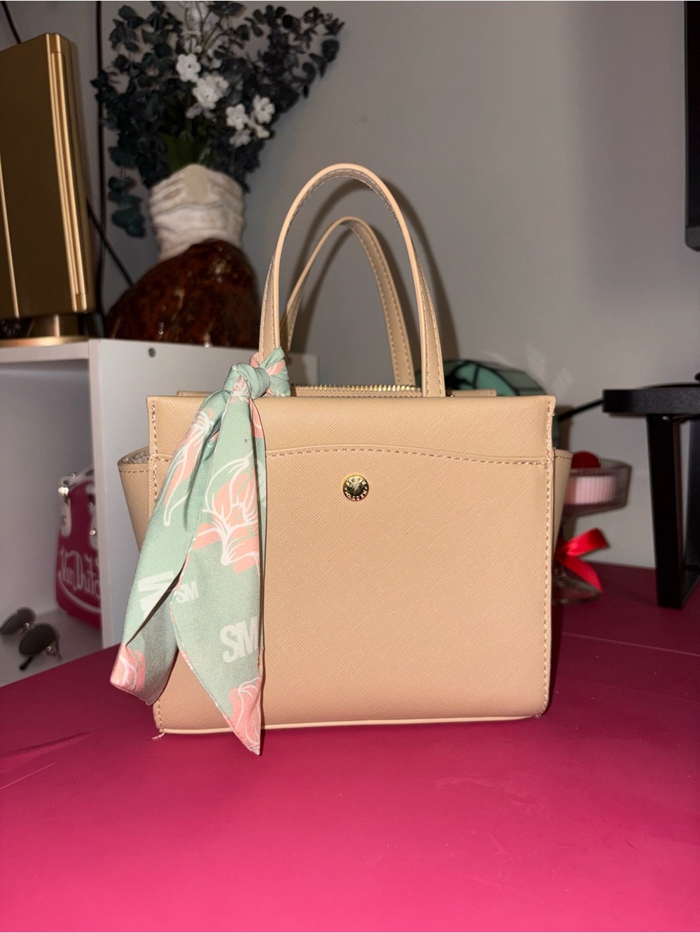 Steve Madden Blush Pink Satchel with Floral Scarf Accent - Picture 2 of 2